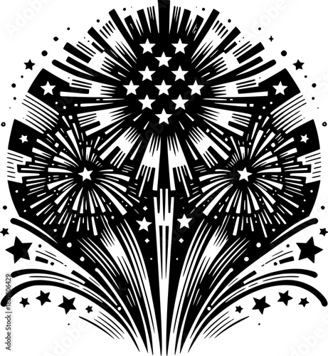 Celebrating Sparks: A dazzling display of fireworks erupts, forming a patriotic arrangement, perfect for Independence Day and celebrations. 