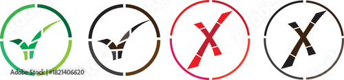 Tick, cross icon set. Yes or no symbol, approved or rejected icon for user interface. Green tick and red cross checkmarks. Green tick and red cross checkmarks. Right or wrong icons

