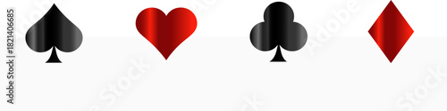 Playing card suits symbols vector set with spade heart club diamond icons in black and red colors for design and games