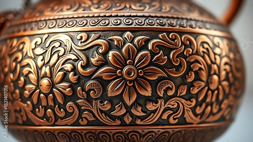 unstylish. Copper vessel with intricate Ottoman floral patterns, detailed metalwork close-up. event programs, museum guides, designed for cultural heritage projects and event programs.