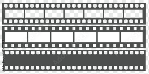Old grunge movie film long strip set, vintage filmstrip roll frame, vector photo background. Video or movie filmstrip overlay, cinema or photograph camera long film strips collection in flat and line