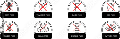 Set of allergen free food icons including egg free, wheat free, dairy free, gluten free, soy free, lactose free, fish free, and crustacean free vector symbols for labeling
