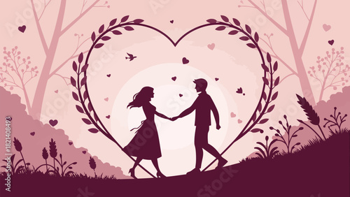Romantic couple holding hands in heart-shaped frame, perfect for Valentine's Day or wedding designs