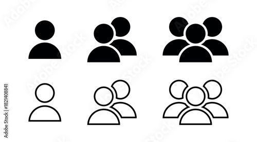 user icons set, Illustration of person icons in varying group sizes in black and white on a white background