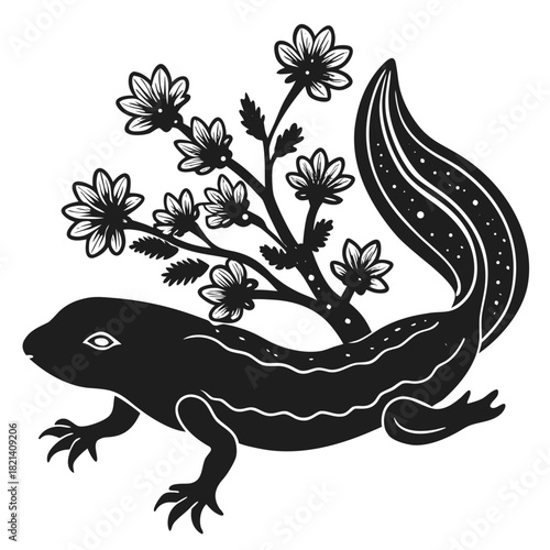 Stylized salamander with blossoming branch black white design