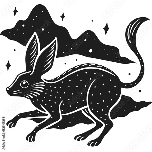 Mystical cosmic hare running under a star-filled night sky artwork