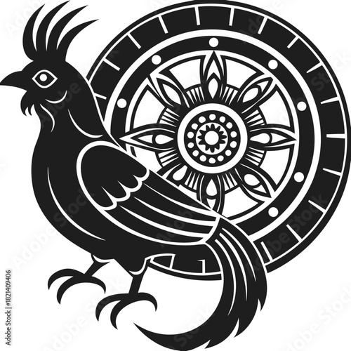 Stylized rooster and ornate spiritual mandala wheel vector graphic art.