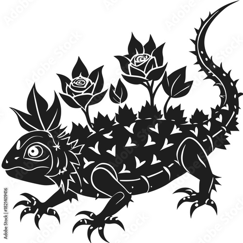 Artistic thorny dragon silhouette with floral elements design