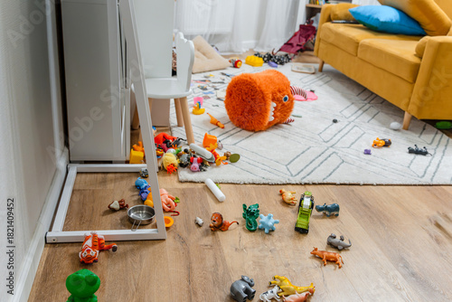 Clutter and scattered toys in the children's room. Saint Petersburg, Russia - 20 Nov 2025