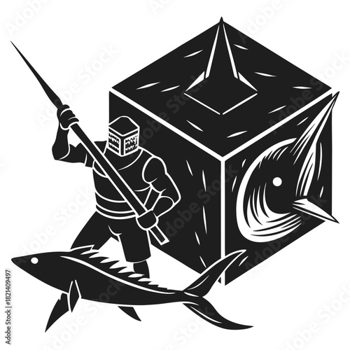 Armored warrior holding spear with fish and spiky cube design