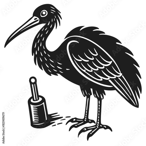 Ibis bird standing with a bottle. simple monochrome vector design.