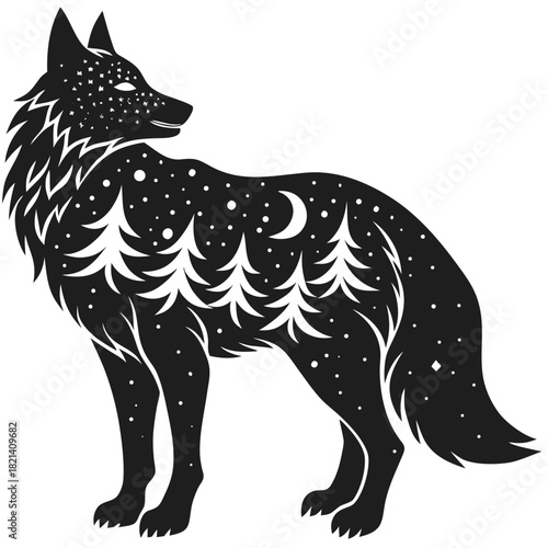 Stylized wolf silhouette with nocturnal forest and moon design