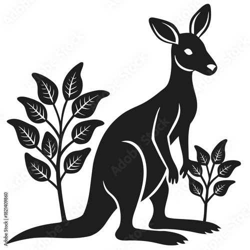 Kangaroo silhouette with stylized plants, australian wildlife
