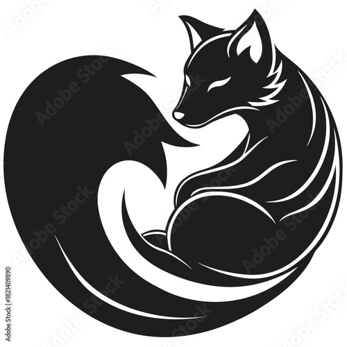 Stylized black fox curled up in a circular elegant silhouette design