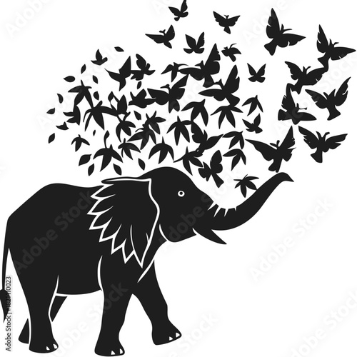 Elephant silhouette releasing swarm of butterflies in flight