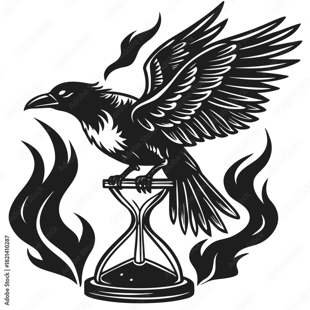 Fototapeta premium Raven perches on hourglass, wings spread amidst mystical flames