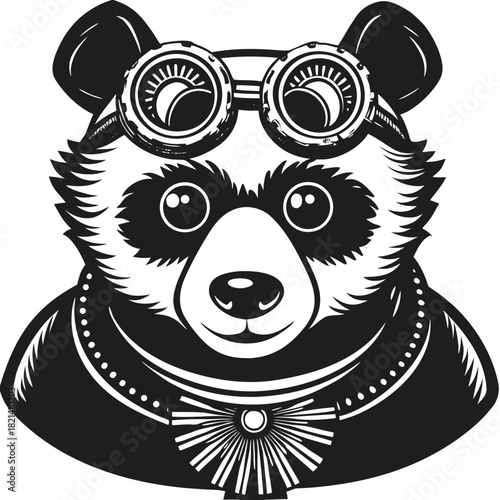 Steampunk panda head illustration with goggles and bow tie art