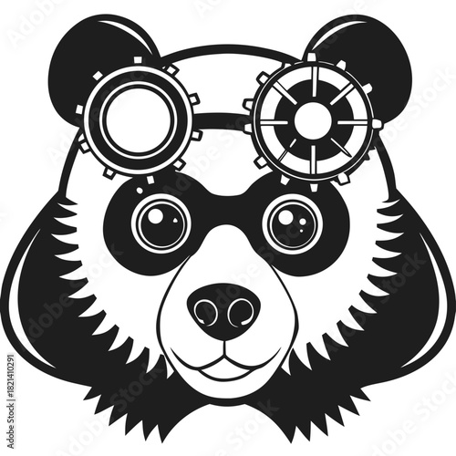 Steampunk panda head with goggles, black and white illustration