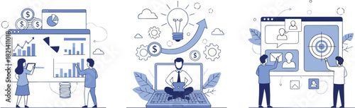 Business, finance, analytics, strategy, innovation, growth, investment, marketing, technology, chart, gear, dollar, bulb, team, screen, data, targeting, success, planning, interface