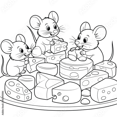 Three happy cartoon mice playing with and eating various pieces of cheese on a plate. isolated on white background, Vector, illustration