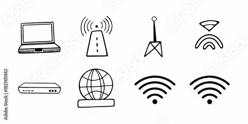 Collection of wireless internet and networking equipment illustrations, including routers, modems, and Wi-Fi signals
