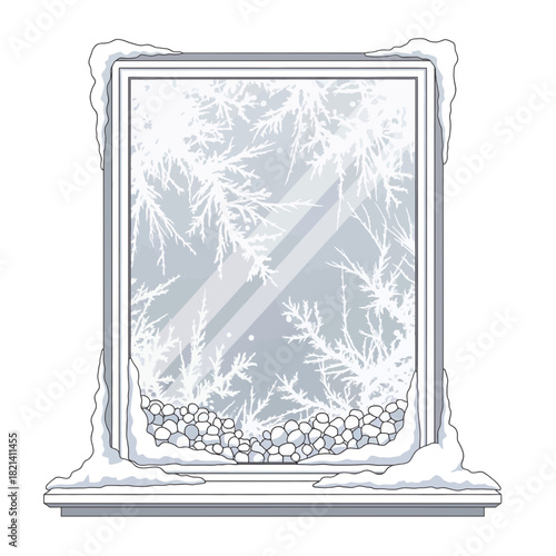 Cozy winter window scene with snow-covered sill and frosted glass, bringing the beauty of the season indoors, holiday magic with a frosty touch