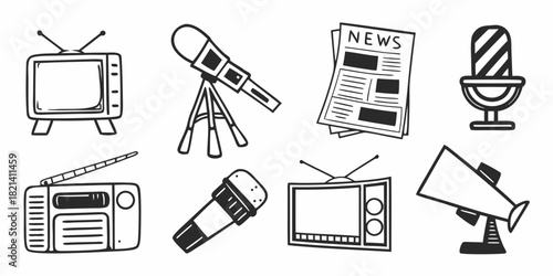 Collection of media and communication icons radio, television, newspaper, microphone, and megaphone