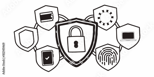Conceptual illustration of network security, showing a central padlock shield protecting various digital assets like devices and user identity