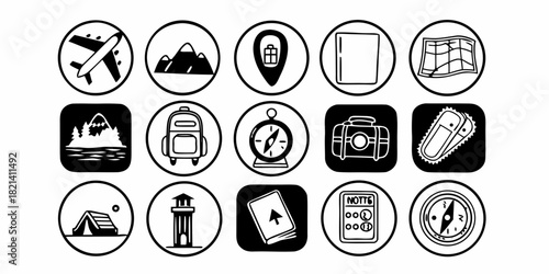 Set of icons representing travel and adventure, including airplane, mountains, compass, backpack, tent, and map