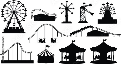 Amusement Park Ride Silhouette Collection, Classic Carnival Attraction Icons: Ferris Wheel, Roller Coaster Tracks and Cars, Merry Go Round Carousel, Circus Tent, Thrill and Fun Vector Set.