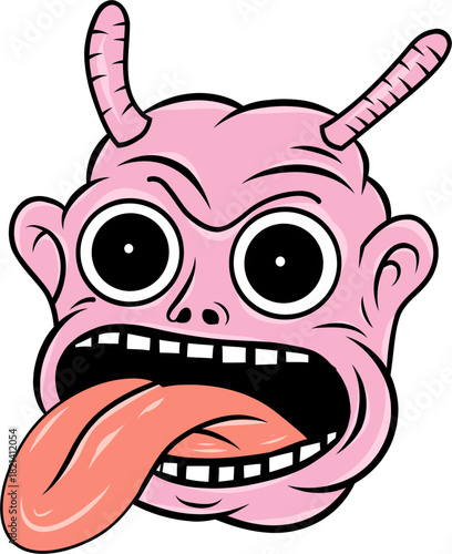 Illustration of pink monster face with tongue out horns and big eyes cartoon character art
