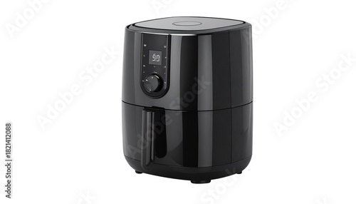 Modern black air fryer with digital control dial, healthy oil free cooking appliance isolated, kitchen gadget for home cooking concept  Isolated on transparent background, png.