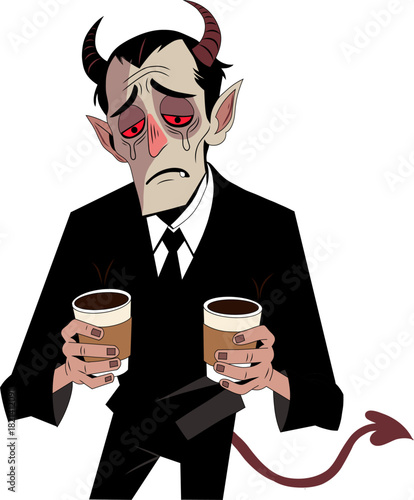 Illustration of sad devil with coffee, cartoon character demon horns tears and suit drawing