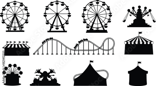 Amusement Park Carnival Silhouettes Set: Iconic Ferris Wheels, Thrilling Roller Coaster Ride, Circus Tents, Fun Fairground Attractions, Detailed Vector Illustrations 