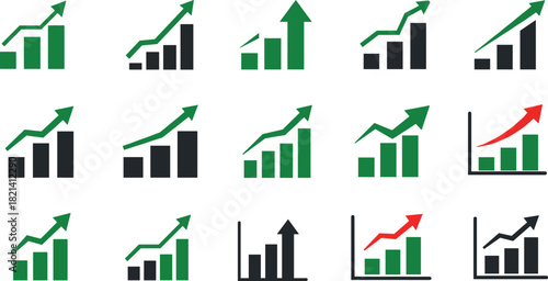 Business Growth and Financial Success Icons Set, Featuring Upward Trend Arrows and Bar Charts, Representing Investment, Marketing, Stock Market Gains, and Economic Progress for Data 