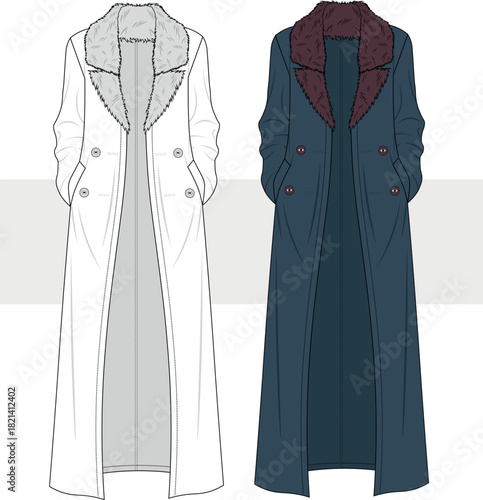 Women's Longline Trench Coat with Fur Collar Fashion Technical Drawing, illustration. Stylish Long Coat vector. CAD, Mockup.