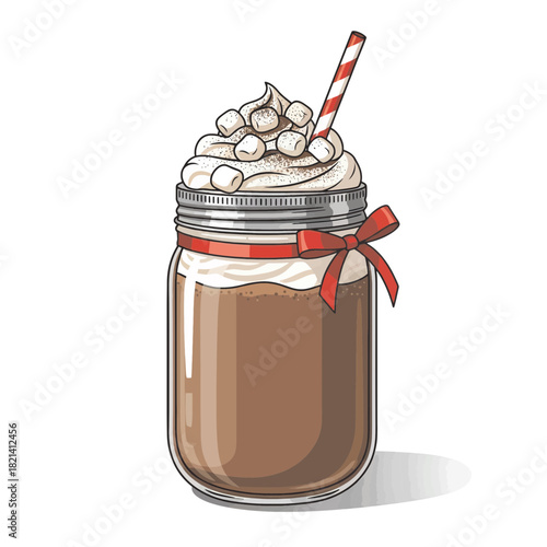 Indulge in this delectable chocolate milkshake topped with fluffy marshmallows and a festive red bow, perfect for sweet treats and cozy celebrations