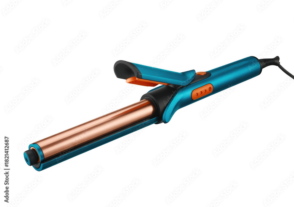 Fototapeta premium Teal and orange curling iron with copper barrel isolated on a transparent background