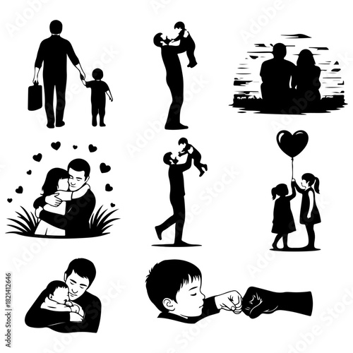 A collection of heartwarming black and white illustrations celebrating the fatherhood bond and special moments between a dad and his children