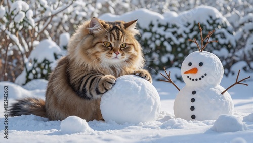 Fluffy brown tabby cat building a snowman in a snowy winter garden with trees and bushes covered in snow.