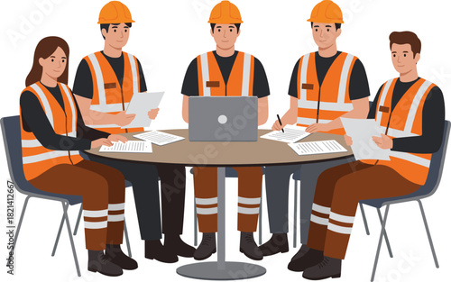 Construction workers team meeting around a table, discussing blueprint plans on a laptop, wearing high-visibility vests and safety helmets, professional site management collaboration.
