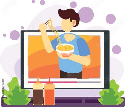 Food blogger enjoying noodles on video illustration