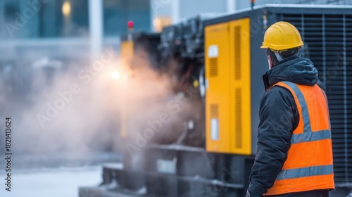 Worker in safety gear observes machinery emitting steam in a snowy industrial environment