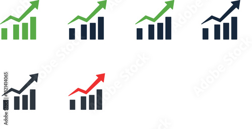 Financial Growth Progress Icon Set, Bar Chart Diagram With Upward Arrow Symbolizing Success, Business Increase, Investment Profit, and Market Trend Analysis Vector Graphics