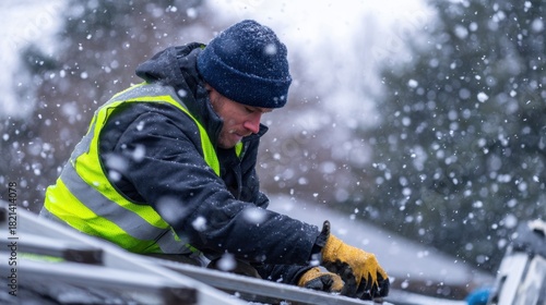 Worker in winter gear installs roofing while snow falls, showcasing a cold, snowy environment