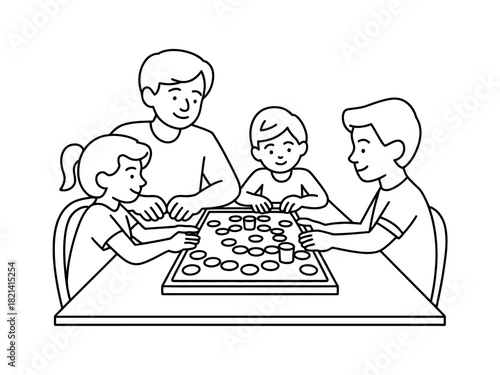 A happy family plays a board game together at a table, enjoying quality time and connection.