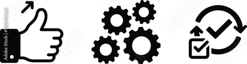 Success Optimization Workflow Process: Thumbs Up Approval, Gear Settings, and Automated Confirmation Icons for Business Efficiency Management, Vector Illustration