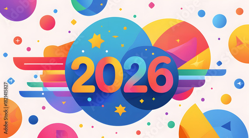 “2026” flat illustration vector style, clean outlines, vibrant color palette, geometric shapes, cheerful New Year theme, simple modern design, perfect for icons, infographics, and digital assets