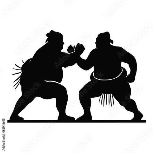 Two sumo wrestlers silhouetted in black, facing each other in a wrestling stance isolated on white background, Vector, illustration