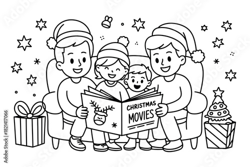 A happy family is reading a Christmas book together on the couch surrounded by gifts and festive decorations.